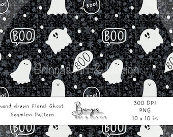 Hand Drawn Floral Ghosts Seamless Pattern – Digital Download, 10x10 Inches, PNG