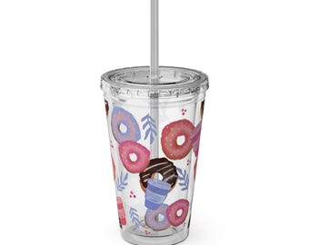 Pink Donuts and Coffee Tumbler | 16oz Straw Cup