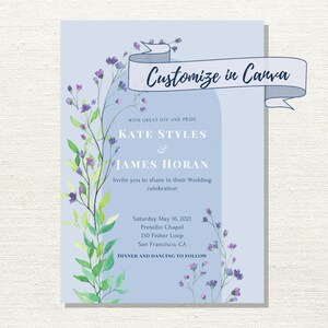 Wedding Invitation Digital Download Template Light Blue with Purple Watercolor Flowers