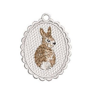Puede incluir: Un conejo marrón bordado en un marco ovalado con un borde festoneado. El marco es plateado.