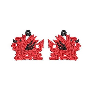 Welsh Dragon FSL Earring Machine Embroidery Design enkel paar en meerdere kleuren gesorteerd in 4 x 4