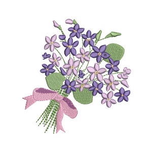 May include: A bouquet of purple and pink flowers tied with a pink ribbon. The flowers are arranged in a fan shape and have green leaves.