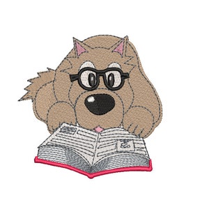 Dog reading machine embroidery design in 2 sizes for 4x4 hoop and above perfect for reading pillows