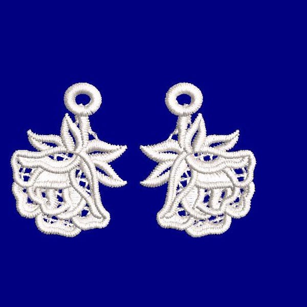 Pendientes FSL de rosa clásica con encaje de tallo, diseño de bordado a máquina para aro de 4x4