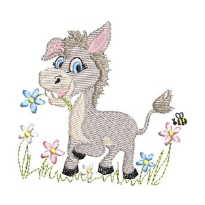 May include: Embroidered design of a gray donkey with blue eyes, a pink nose, and a big smile. The donkey is holding a blue flower in its mouth and is surrounded by green grass and pink and blue flowers.