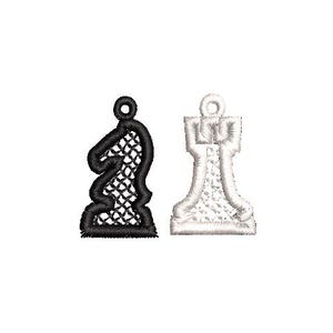 May include: Embroidered patches of a black chess knight and a white rook. The knight is black with a detailed, openwork design. The rook is white with a textured appearance. Both pieces are set against a plain white background.