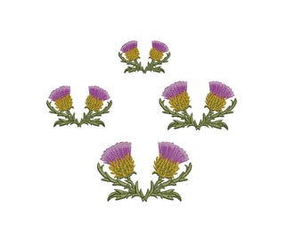 May include: Five purple and yellow thistle flowers with green stems and leaves. The flowers are arranged in pairs, with two pairs facing up and one pair facing down.