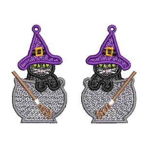 May include: Two black witch cat ornaments with purple hats and brooms in cauldrons. The cats have green eyes and white whiskers.