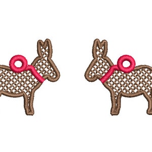 May include: Two embroidered donkey designs. Each donkey is brown with a lattice pattern and a red bow around its neck. The donkeys are facing each other on a white background. The design is suitable for embroidery projects.