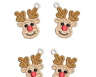 Reindeer with red nose Free Standing Lace Earrings Machine Embroidery Design 2 versions