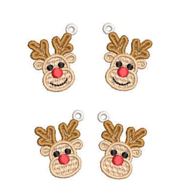 Reindeer with red nose Free Standing Lace Earrings Machine Embroidery Design 2 versions