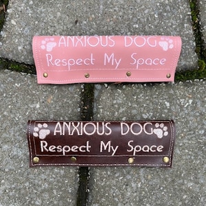 May include: Two leather dog leash tags with the text "Anxious Dog Respect My Space" in white embroidery. The top tag is pink and the bottom tag is brown.