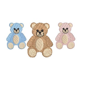 May include: Three embroidered teddy bears, one blue, one brown, and one pink. The bears are sitting with their paws in front of them.