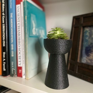 May include: A black, textured, 3D-printed planter with a succulent plant. The planter has a unique hourglass shape, with a wide base and top, connected by a narrower midsection. Books are visible in the background.