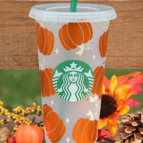 Fall Starbucks Cup With Pumpkins and Leaves Fall Starbucks Etsy