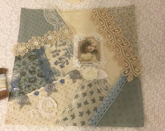 Crazy Quilt square ready to embellish with vintage lace and vintage buttons and silk embroidery threads and needle included