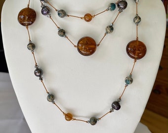 Carnelian and Black Pearl Extra Long Beaded Necklace