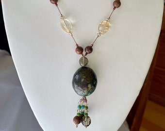 Tibetan Turquoise, Citrine & Jade Pendant Hand Knotted Necklace