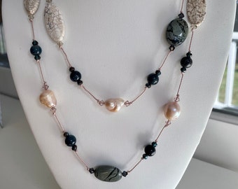 Pink Freshwater Pearls, Blue/Green Jasper and Ecru Ceramic Hand Beaded Necklace