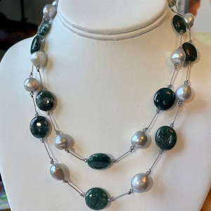 Gray Freshwater Pearl & Moss Agate Hand Knotted Necklace