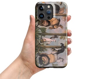 May include: A phone case with a colorful illustration of whimsical creatures climbing trees. The case features a white background with green trees and a blue sky. The creatures are a mix of brown, white, and black.