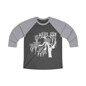 May include: A gray and heather gray three-quarter sleeve baseball t-shirt with a white silhouette of a tree with branches.