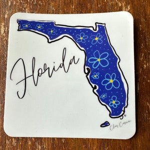 Florida Aufkleber | US Bundesstaat Florida Aufkleber | Florida Blumen blau wasserdichter Aufkleber | Zustand Form Florida Souvenir