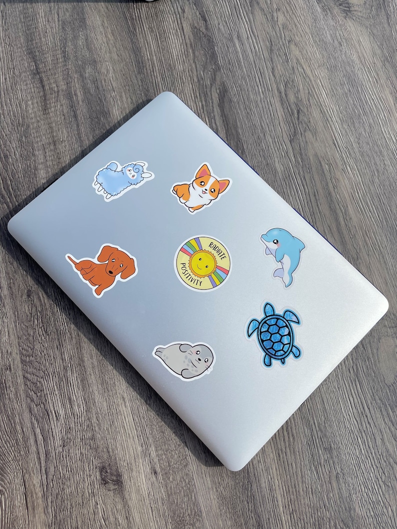May include: A silver laptop with various stickers on it. The stickers feature a llama, a corgi, a dachshund, a seal, a turtle, a dolphin, and a sun with the text "Radiate Positivity".