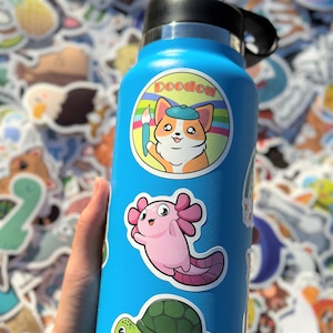 May include: A blue water bottle with a variety of colorful stickers. The stickers feature a cartoon dog, a cartoon axolotl, a turtle, and the text "Doodou".