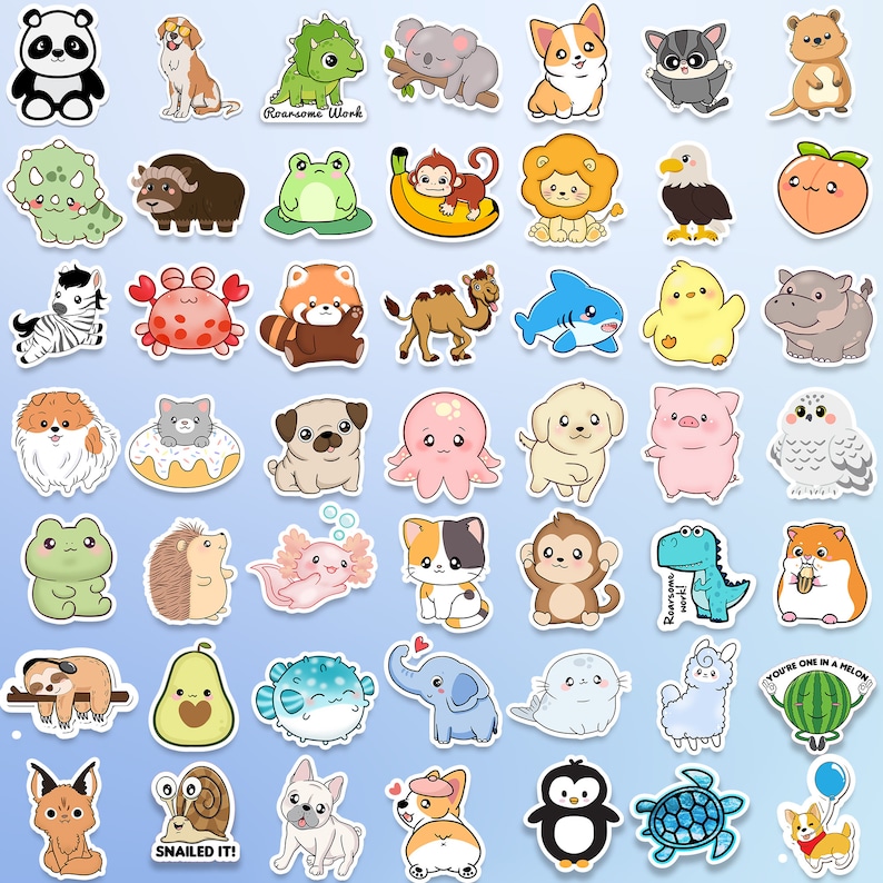 May include: A set of 48 colorful cartoon animal stickers. The stickers feature a variety of animals, including a panda, a dog, a dinosaur, a koala, a lion, a monkey, a shark, a turtle, a penguin, a snail, a frog, a hedgehog, a cat, a fish, an elephant, a sloth, an avocado, a pufferfish, a llama, a watermelon, a crab, a red panda, a camel, a hippopotamus, a pig, an owl, a hamster, a  and a  The stickers are perfect for adding a touch of fun to your laptop, water bottle, phone case, or planner.