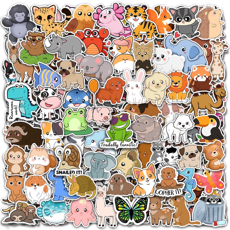 May include: A set of 50 colorful cartoon animal stickers. The stickers feature a variety of animals, including a cat, dog, elephant, frog, and a toucan. The stickers are perfect for adding a touch of fun to your laptop, water bottle, or planner.