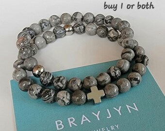 Gray jasper cross bracelet, gray jasper bracelet, gray bead bracelet, religious bracelet, cross bracelet