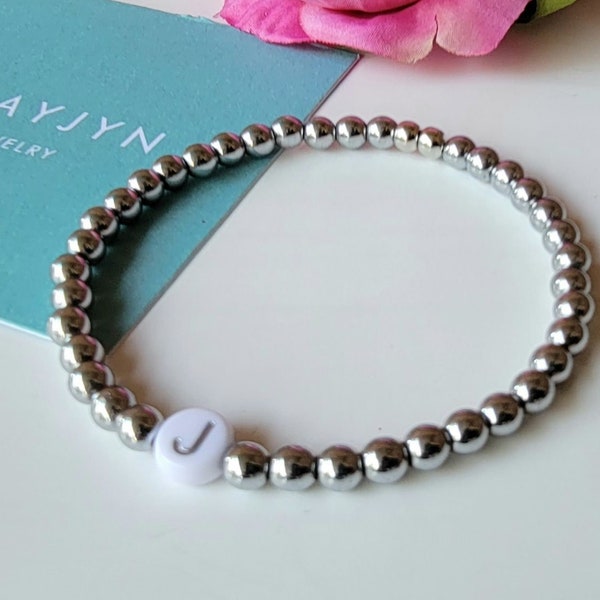 Silver hematite initial bracelet, silver bead bracelet, initial bracelet, gifts for women, stretch bracelet, custom bracelet