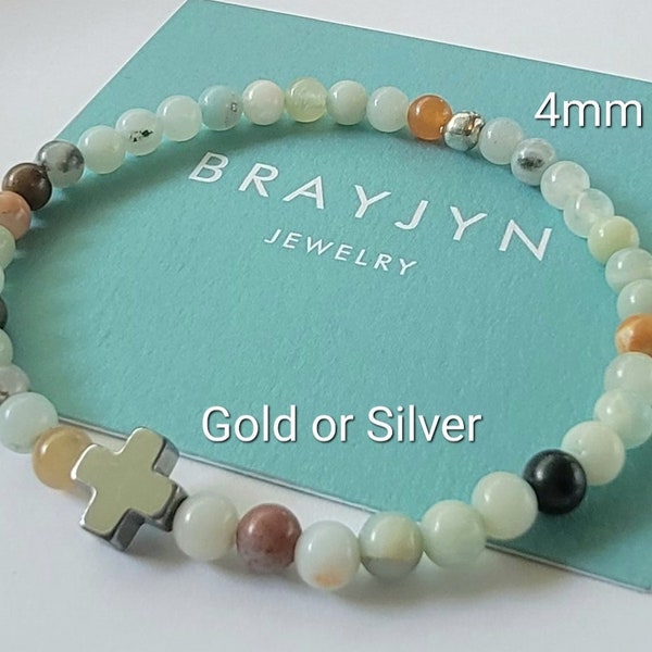 Amazonite bead bracelet, religious gift, cross bead bracelet, gift for women, stretch bracelet, custom bracelet