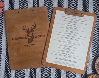 Tableau de menu de restaurant en bois | Porte-menus en bois A4 ou A5 | presse-papiers pour restaurant | Presse-papiers pour menu gravé au laser.