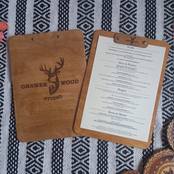 Tableau de menu de restaurant en bois | Porte-menus en bois A4 ou A5 | presse-papiers pour restaurant | Presse-papiers pour menu gravé au laser.