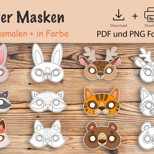 6x Animal Masks | Forest animals | Birthday | Party | Rabbit | Fox | Cat | Mask for children | PDF & PNG Format | Digital Download