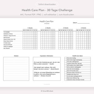 Health Care Plan - 30 Day Challenge | Mindset | promote health | Self Care Checklist | A4/printable/customizable | PDF/PNG Download