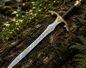 Hand Forged Elven Sword, 5160 Carbon Steel, Brass Hilt, Leather Sheath, Medieval Display