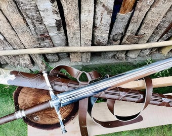 Hand Forged Medieval Sword, Full Tang High Carbon Steel Collector Sword with Leather Scabbard