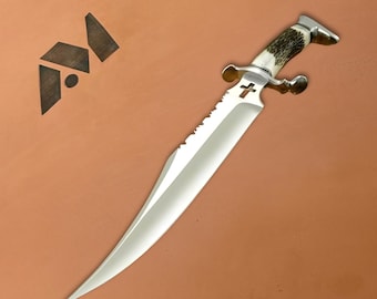 20” Handmade Bowie Knife High Carbon Steel Blade, Natural Horn Handle with Silver Fittings, Large Hunting Knife, Collector Gift