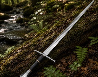 Hand Forged Elven Longsword, 5160 Carbon Steel, Walnut Leather Grip, Emerald Accents
