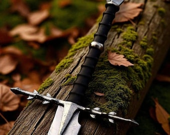 Handmade Dark Fantasy Sword Replica, Etched Stainless Steel Cosplay Display Sword (Leather Sheath)