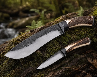 Handmade Bowie Knife, 440C Steel Blade with Natural Antler Handle & Leather Sheath
