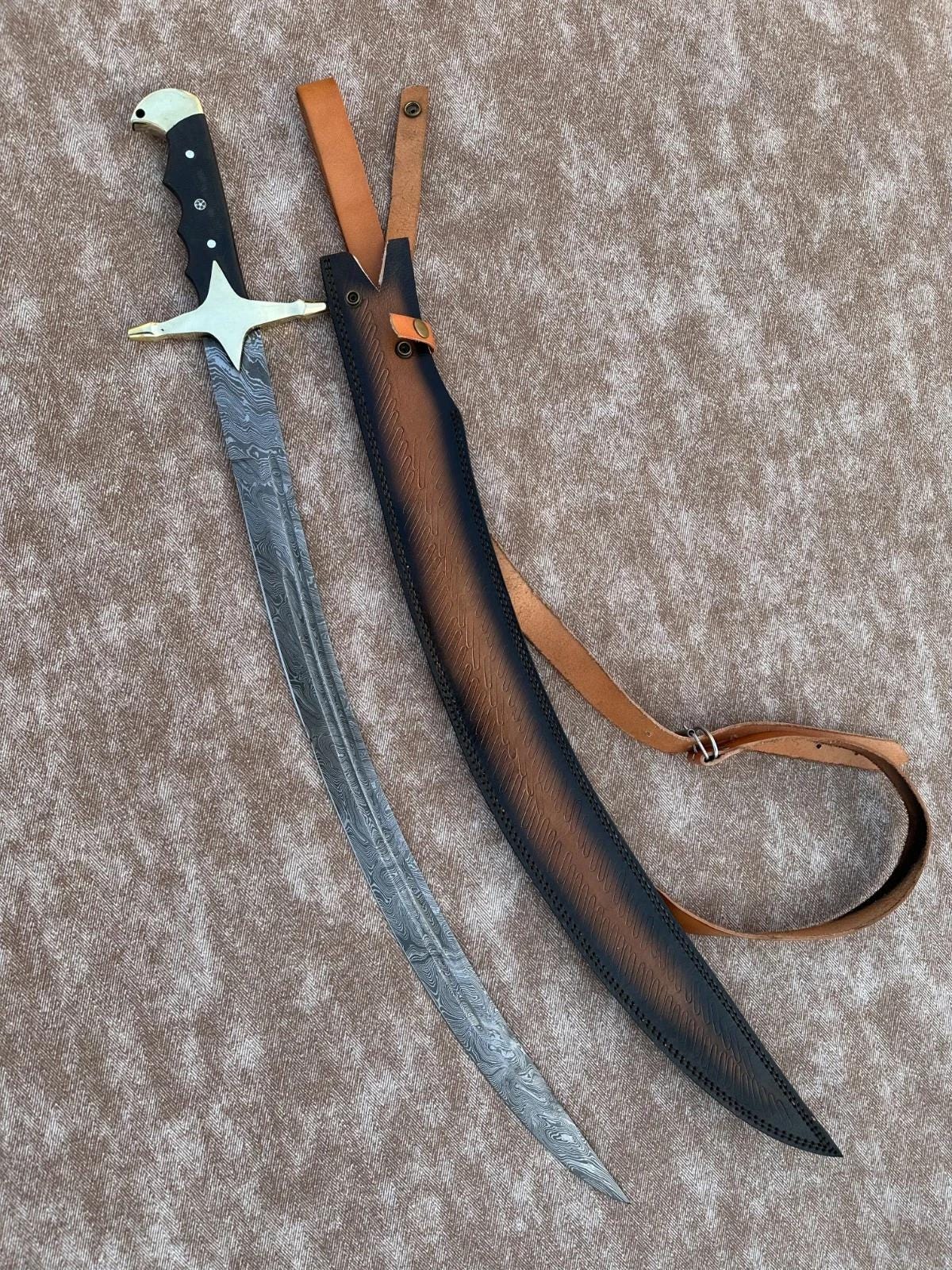 Handmade Damascus Scimitar Sword, 36" Arabic Style, Micarta Handle, Collector Display Piece