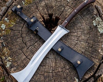 Hand Forged Machete, 5160 Carbon Steel, Rosewood Handle, Leather Sheath, Display Collectible