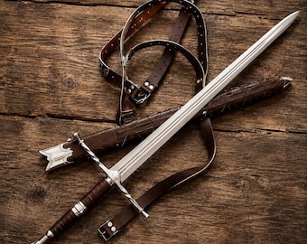 Hand Forged Medieval Sword, Full Tang High Carbon Steel Collector Sword with Leather Scabbard