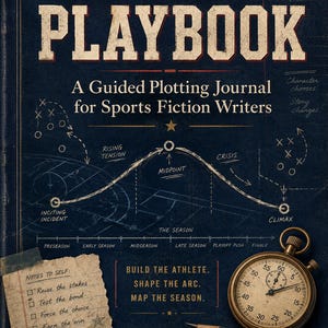 Op de afbeelding: Een donkerblauw boek getiteld The Playbook: A Guided Plotting Journal for Sports Fiction Writers door Robbyn Andersen. De kaft bevat een wit diagram van een verhaalboog, een koperen stopwatch, een potlood en een notitie met een takenlijst.