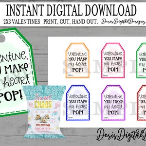 Popcorn Valentine card Valentine party favor School Valentine you make my heart pop Valentine Classroom Valentines INSTANT DIGITAL DOWNLOAD