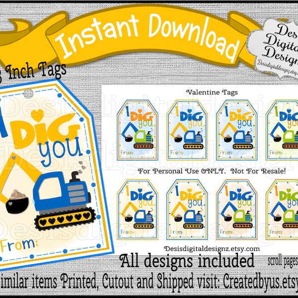 I Dig You Valentine card Valentine party favors Yellow tractor backhoe tags Shovel ideas for kid's Valentines INSTANT DOWNLOAD Printable